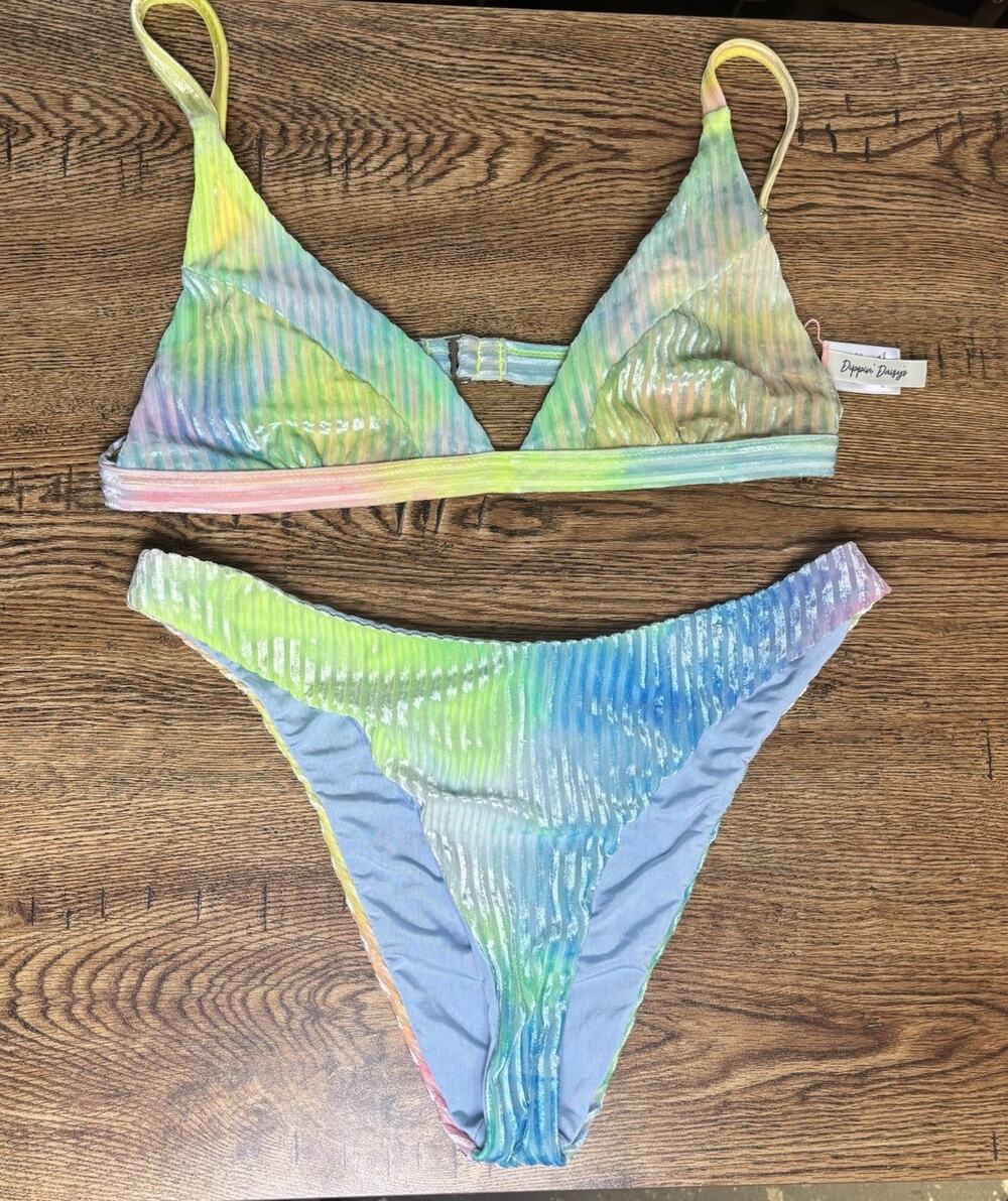 Dippin Daisys Velour Ribbed Bikini Set Cheeky High Cut Bottoms Top L Bottoms M